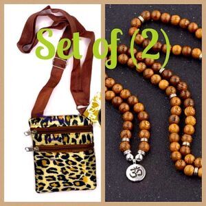 Set of 2 Tibetan Wood Meditation Beads & Cellphone Keys Purse Shoulder Bag NWT